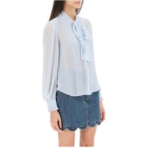 Self Portrait, Chiffon Kant Versierde Blouse Blauw, Dames, Maat:M