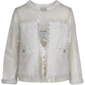 Chanel Vintage, Gebruikte Shirt & Blouse, Chanel Transparante Jas met Wit Kantborduurwerk Wit, Dames, Maat:M