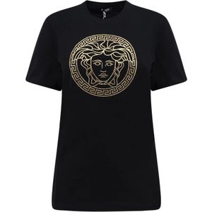 Versace, Tops, Dames, Zwart, XS, Katoen, Logo Print Katoenen T-Shirt