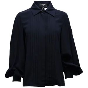 Chanel Vintage, Marineblauwe Zijden Geplooide Blouse Blauw, Dames, Maat:L