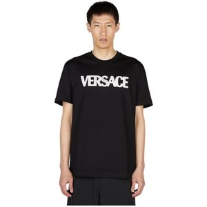 Versace, Tops, Heren, Zwart, L, Katoen, Katoenen Mesh Logo T-Shirt