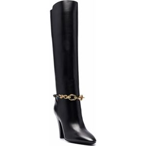 Saint Laurent, Schoenen, Dames, Zwart, 38 EU, Leer, Leren laarzen met gouden kettingdetail