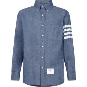 Thom Browne, Overhemden, Heren, Blauw, 2Xl, Katoen, Blauwe Chambray Overhemd met 4-Bar Detail