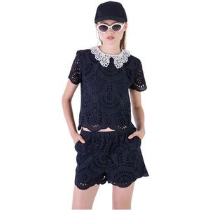 Silvian Heach, Korte mouw geborduurde blouse Zwart, Dames, Maat:XL