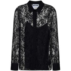 Moschino, Blouses & Shirts, Dames, Zwart, L, Satijn, Zwart bloemenkanten shirt met satijnen tanktop
