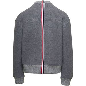 Thom Browne, Truien, Heren, Grijs, L, Wol, Grijze Wol Fleece Crewneck Sweater met CB RWB Stripe