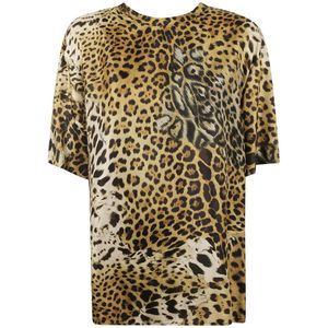 Roberto Cavalli, Tops, Dames, Beige, 2Xl, Leopard Print Show T-Shirt
