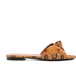 Saint Laurent, Schoenen, Dames, Bruin, 37 1/2 EU, Leer, Leren Slippers met Bloemenprint