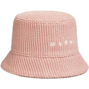 Marni, Accessoires, Dames, Roze, S, Raffia bucket hoed met logo borduurwerk