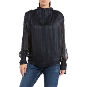 Replay, Straight Fit Blouse met Lange Mouwen Blauw, Dames, Maat:S