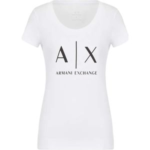 Armani Exchange, Tops, Dames, Wit, L, Katoen, Wit Logo T-Shirt Lange Mouw Ronde Hals