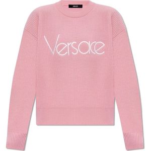 Versace, Truien, Dames, Roze, S, Wol, Wollen trui met logo