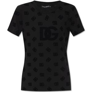 Dolce & Gabbana, Tops, Dames, Zwart, XS, Katoen, T-shirt met fluwelen monogram