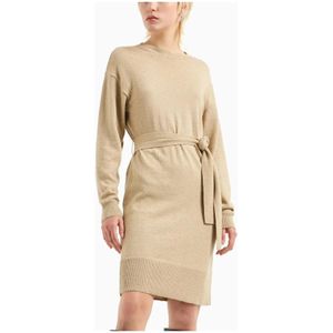 Armani Exchange, Kleedjes, Dames, Beige, M, Gouden Jurk met Geribbelde Details