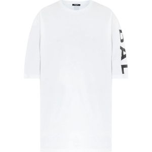Balmain, Tops, Heren, Wit, S, Katoen, Verticaal Logo T-shirt - Klassiek Model