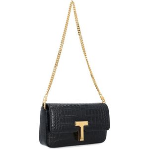 Tom Ford, Tassen, Dames, Zwart, ONE Size, Krokodileffect Zwarte Leren Schoudertas