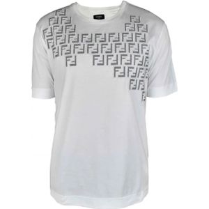 Fendi, Tops, Heren, Wit, S, Katoen, Witte Katoenen T-shirt met Vichy Stofapplicaties