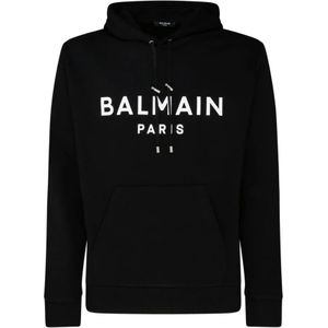 Balmain, Sweatshirts & Hoodies, Heren, Zwart, M, Katoen, Zwarte katoenen hoodie met logo print