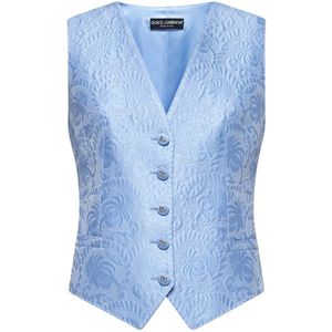 Dolce & Gabbana, Jassen, Dames, Blauw, M, Katoen, Blauw Bloemen Jacquard Vest