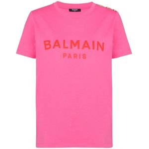 Balmain, Tops, Dames, Roze, S, Katoen, T-shirt met Parijs print