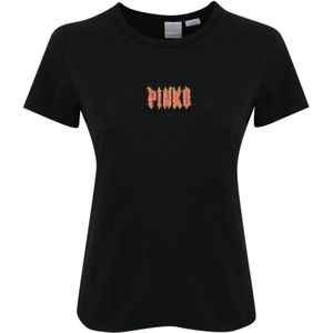 Pinko, Tops, Dames, Zwart, L, Katoen, Zwarte katoenen T-shirt met logo borduurwerk