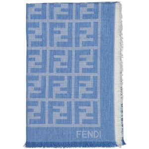 Fendi, Accessoires, Dames, Blauw, ONE Size, Wol, Vierkante Sjaal met Franje Randen