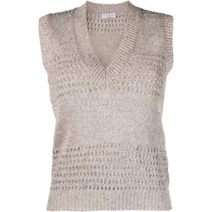 Brunello Cucinelli, Pailletten V-hals Gebreid Vest Beige, Dames, Maat:M