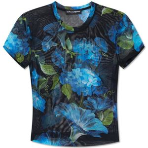 Dolce & Gabbana, Tops, Dames, Blauw, S, Tule, T-shirt met bloemenmotief