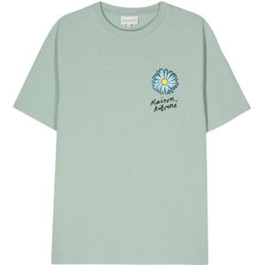 Maison Kitsuné, Tops, Heren, Blauw, M, Katoen, Bloemen Logo Print Crew Neck T-shirt