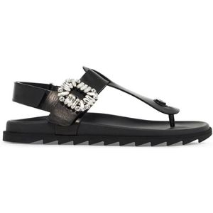 Roger Vivier, Schoenen, Dames, Zwart, 38 EU, Leer, Leren Strass Gesp Flip Flops