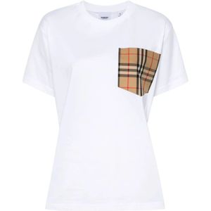 Burberry, Tops, Dames, Wit, M, Katoen, Stijlvol Wit T-Shirt met Burberry Ruitpatroon