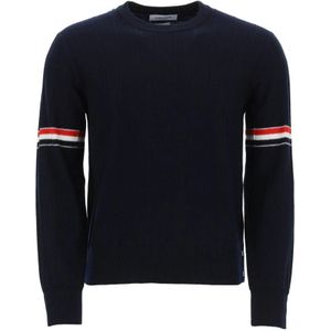 Thom Browne, Tricolor Intarsia Crew Neck Sweater Blauw, Heren, Maat:L