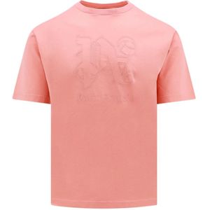 Palm Angels, Tops, Heren, Roze, S, Katoen, Geborduurd Monogram Katoenen T-Shirt