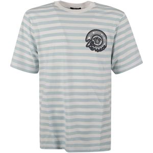 Versace, Gestreept Jersey T-shirt met Geborduurd Nautisch Embleem Blauw, Heren, Maat:M