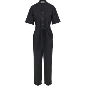 Ottod'Ame, Katoenen jumpsuit met korte mouwen en zakken Zwart, Dames, Maat:S