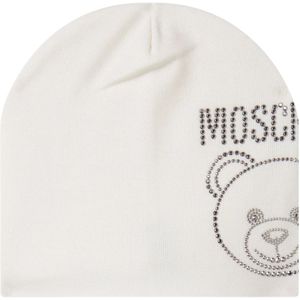 Moschino, Accessoires, Dames, Beige, ONE Size, Wol, Witte Wollen Hoed met Geborduurd Logo