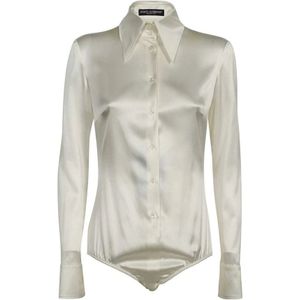 Dolce & Gabbana, Tops, Dames, Wit, S, Zijden Wit Overhemd met Lange Mouwen