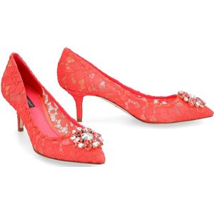 Dolce & Gabbana, Schoenen, Dames, Rood, 40 EU, Katoen, Kant Bloem Puntige Neus Pump