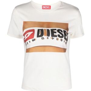 Diesel, Tops, Dames, Veelkleurig, M, Katoen, Witte Logo Print T-shirts en Polos