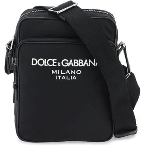 Dolce & Gabbana, Tassen, Heren, Zwart, ONE Size, Nylon, Rubberen Logo Nylon Schoudertas