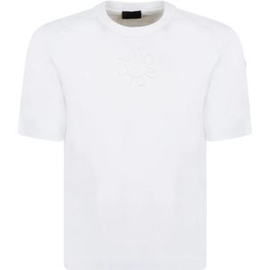 Moncler, Tops, Heren, Wit, M, Katoen, Geborduurd Logo T-shirt en Polo