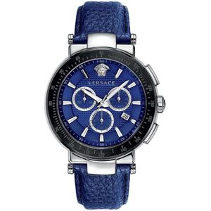 Versace, Blauw Leren Band Kwarts Horloge Zwart, Heren, Maat:ONE Size