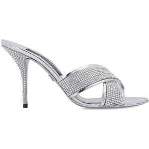 Dolce & Gabbana, Schoenen, Dames, Grijs, 38 EU, Zilverkleurige Kristalversierde Hakken Sandalen