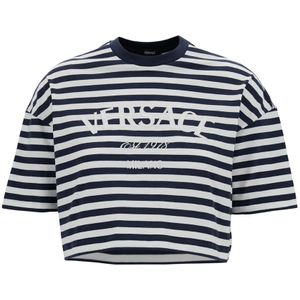 Versace, Tops, Dames, Blauw, S, Katoen, Gestreept Logo Print T-shirt
