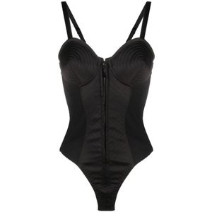 Jean Paul Gaultier, Zwarte Satijnen Plunge Top met Vetersluiting Achteraan Zwart, Dames, Maat:M