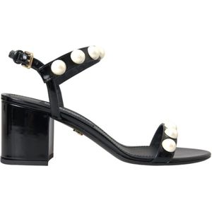 Dolce & Gabbana, Schoenen, Dames, Zwart, 39 EU, Leer, Zwarte leren parel hak sandalen