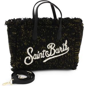 MC2 Saint Barth, Tassen, Dames, Zwart, ONE Size, Wol, Colette Handgebreide Lurex Zwarte en Gouden Shopper Tas