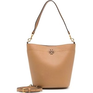 Tory Burch, Beige Bucket Bag - Hoogwaardig korrelig leer, afneembare riem Beige, Dames, Maat:ONE Size