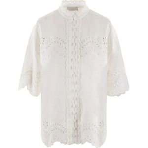 Zimmermann, Blouses & Shirts, Dames, Wit, S, Witte Kanten Overhemd met Mandarin Kraag en Korte Mouwen