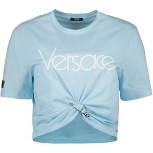 Versace, Tops, Dames, Blauw, XS, Katoen, Crop T-shirt 1978 Re-Edition